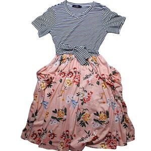 Striped Top Floral Print‎ Dress with Tie Waist Casual Women's